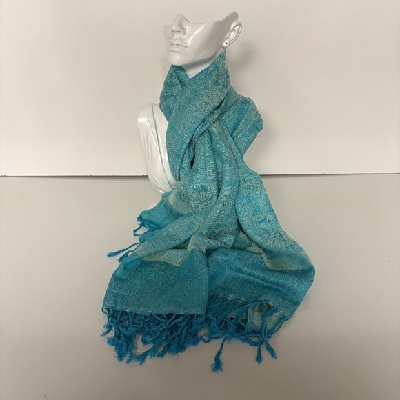 Pashmina Turquoise Scarf Fringed Wrap Lightweight Elegant Soft 27in x 65in NEW - Picture 6 of 8